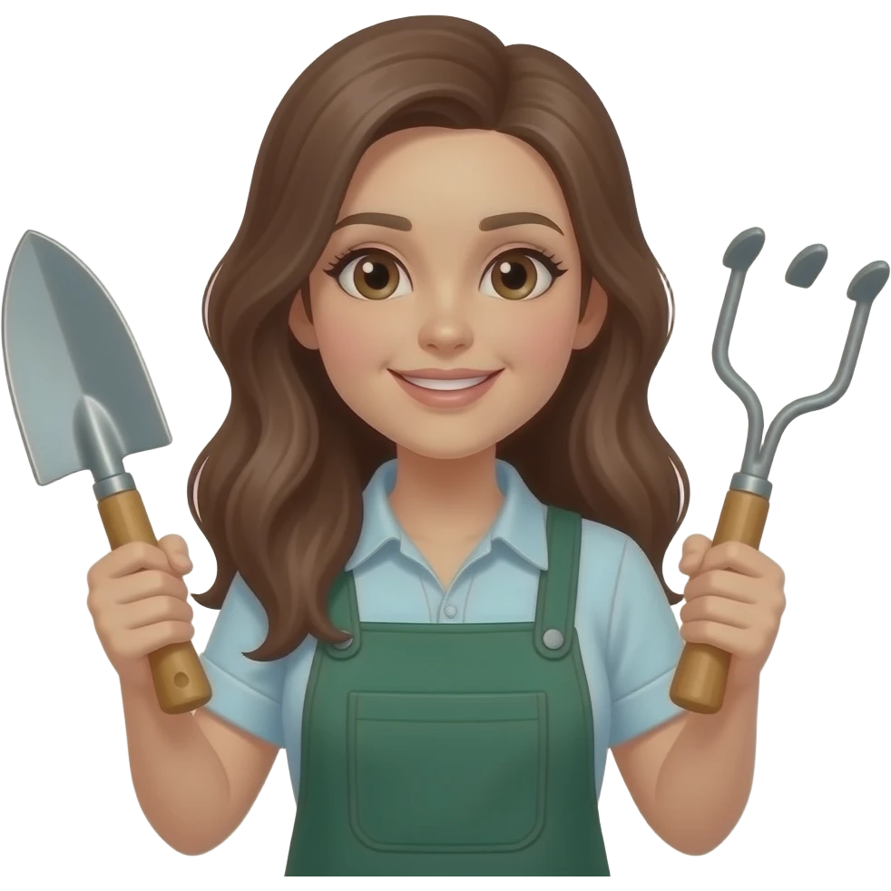 Gardener female long brown hair brown eyes pretty holding garden tools emoji