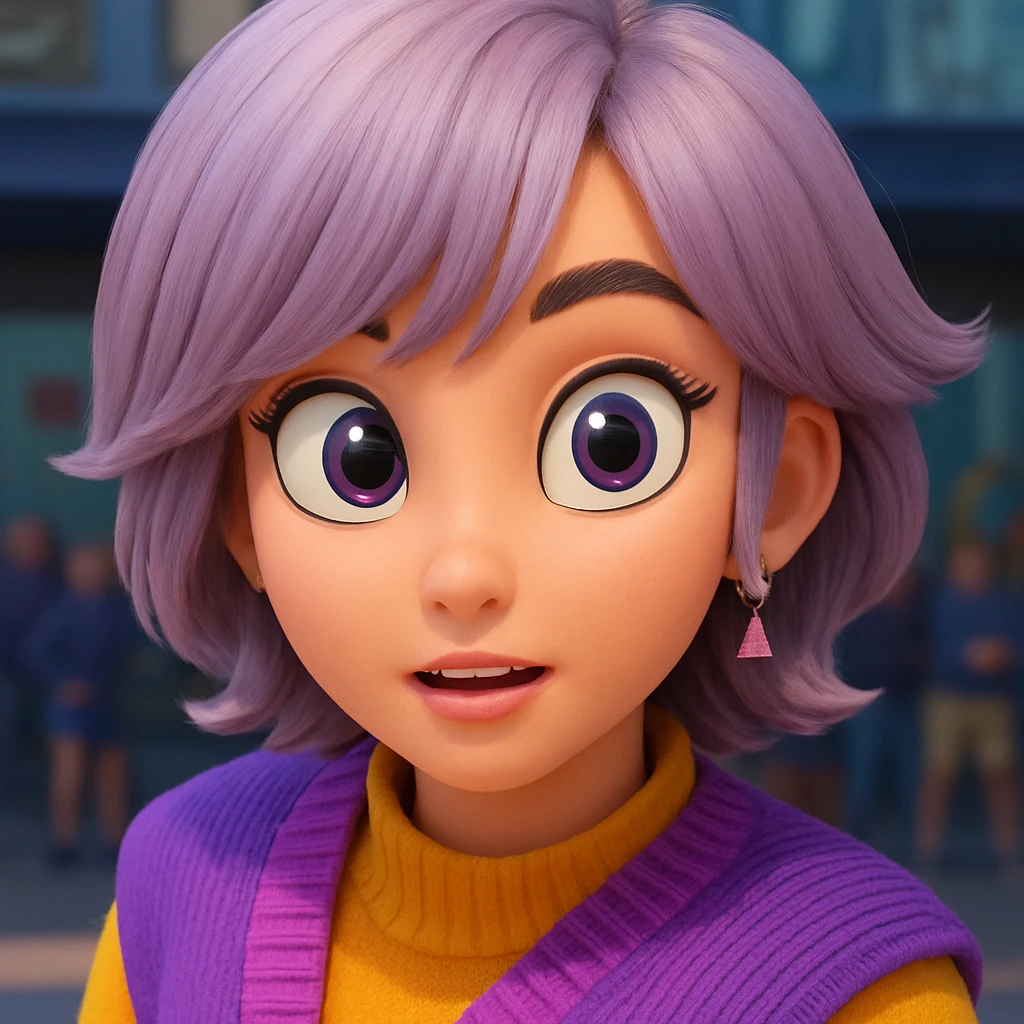Move the hair away from the face to reveal the eyes, and add large, expressive cartoon eyes that match the character's cartoon style. Keep the rest of the image unchanged and maintain a cartoonish quality. emoji