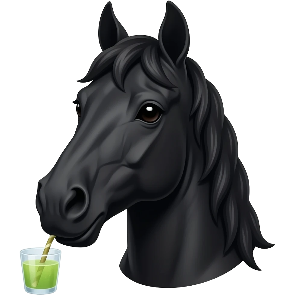 a black horse with gront view closse up drinking a juice cane emoji