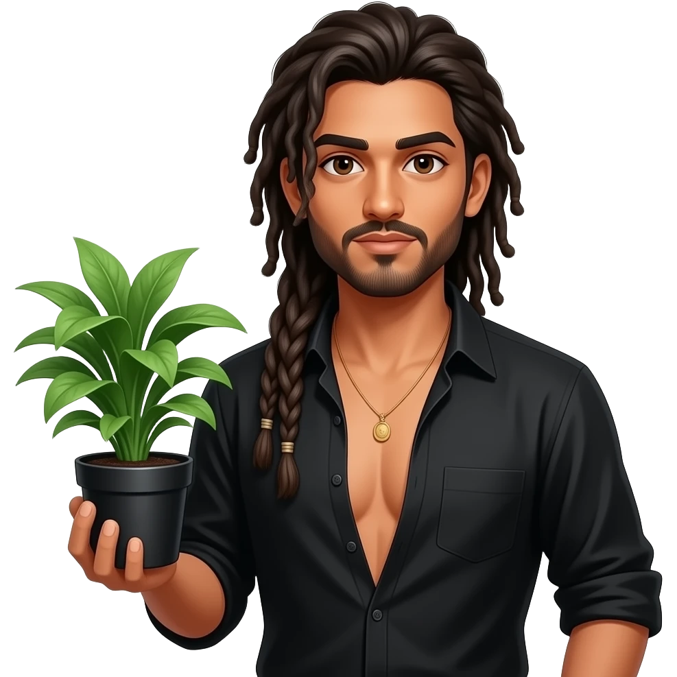 Sexy indian Gothic gardener wearing black shirt, chest howing, with dreadlocks holding a green plant in a black pot. Open shirt. emoji