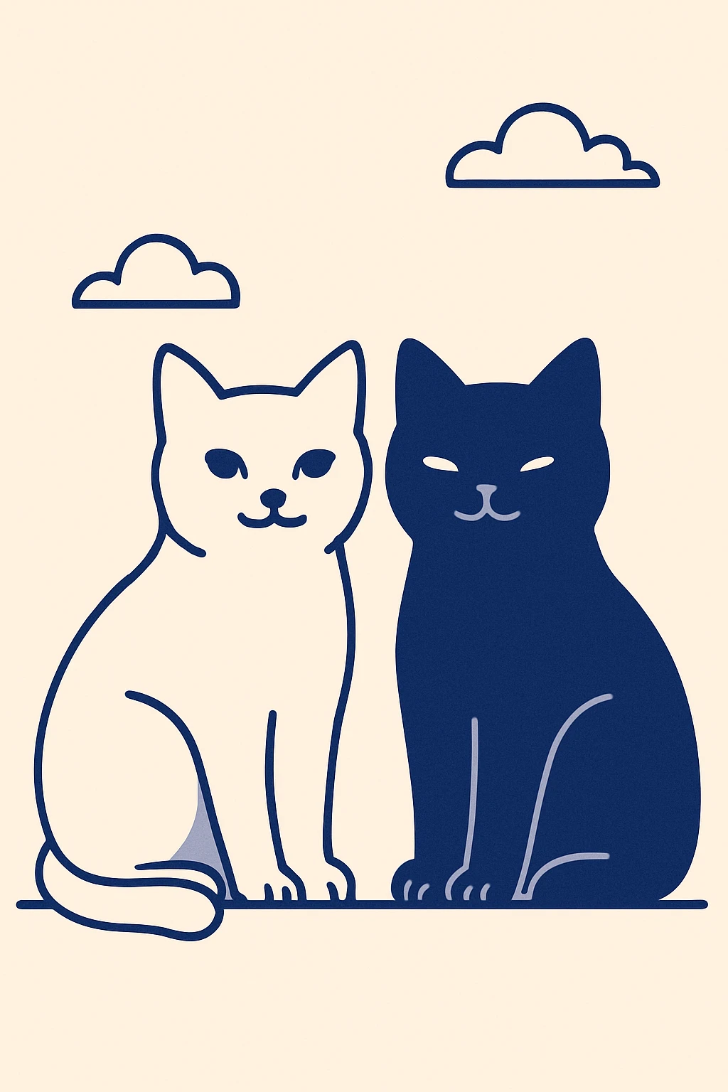 a white cat and a black cat sitting side by side, minimal style emoji