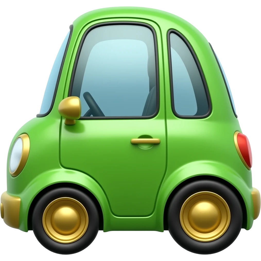 Small car all green and gold lines black lines big wheel in the back and small wheels in the front green top emoji