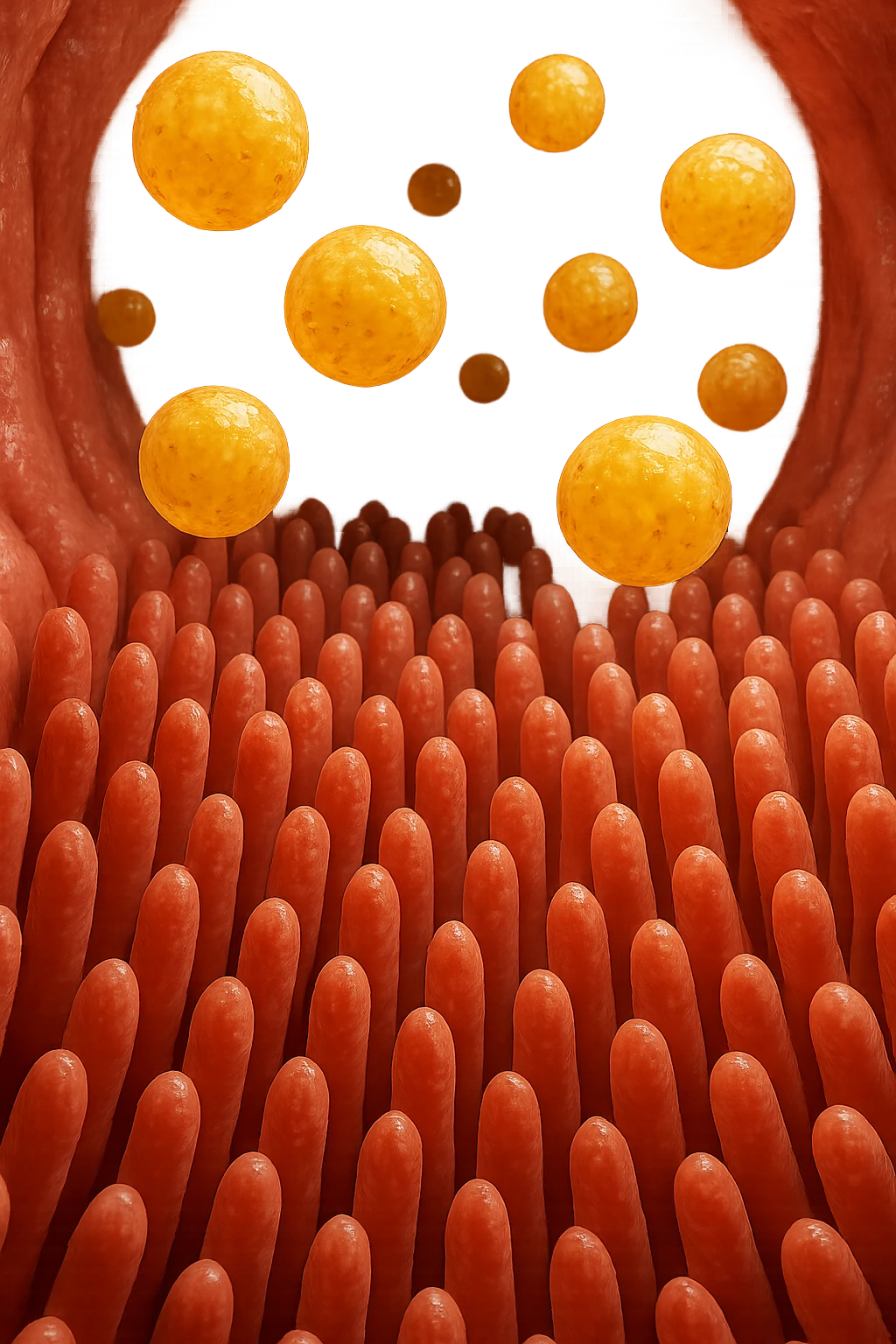VILLI INTESTINALI CON CELLULE DI GRASSO CHE CI FLUTTUANO SOPRA, INTERNO REALISTICO DI UN INTESTINO, IPERREALISTICO 4K emoji