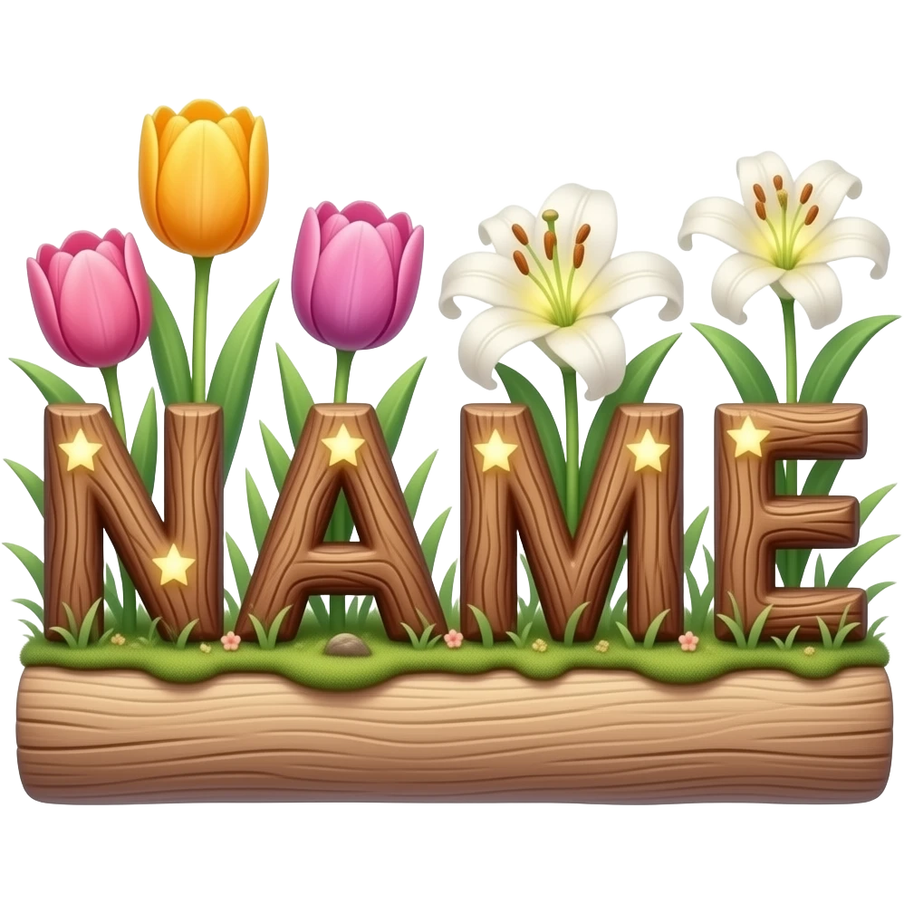 A text 'NAME' formed from tree wood board. Vibrant tulips and lilies bloom from the letter, each flower center glowing like a tiny star. Dreamy atmosphere, hyper-realistic, soft pastel colors emoji