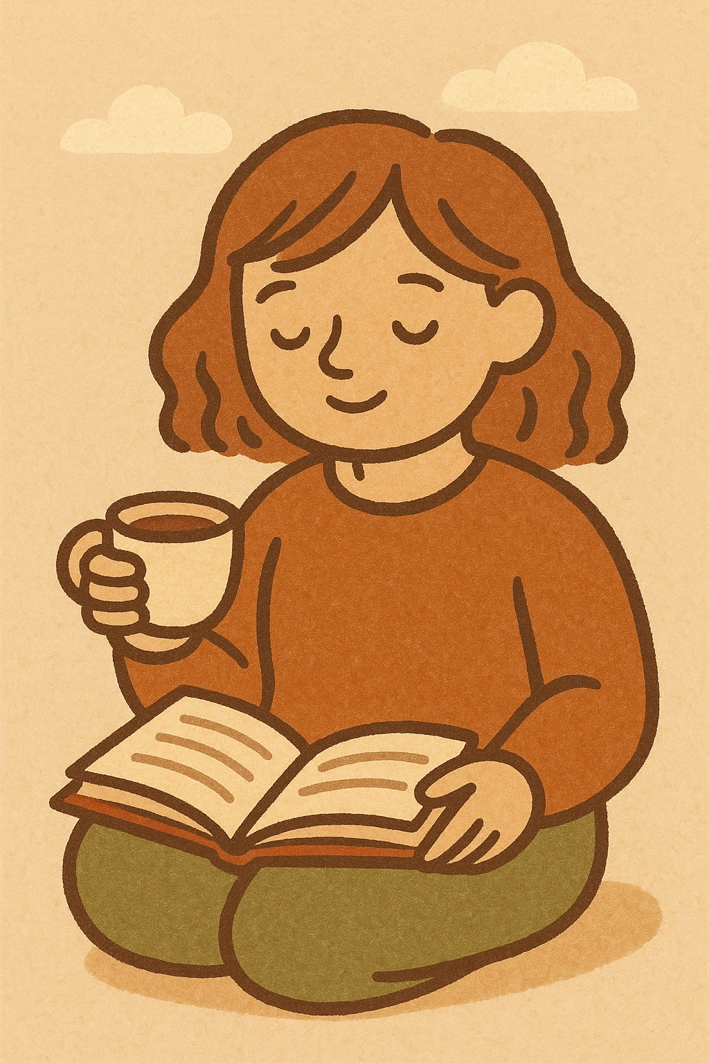 girl reading a book and drinking tea, minimal flat style, warm colors emoji