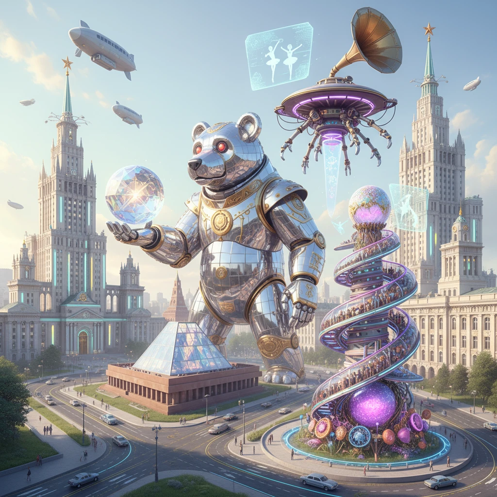 Москва в стиле Atomic Heart в светлых ярких цветах и тонах. Должны быть 2-3 яркие детали, которые выглядят крайне необычно и футуристично, альтернативный ретро киберпанк. А все остальное сзади/на фоне  emoji