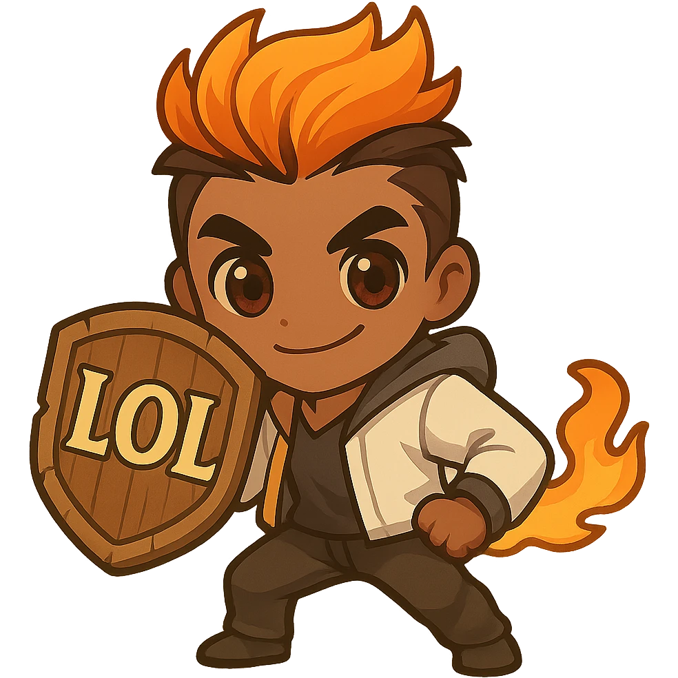 Brighten the eyes of Phoenix (Valorant) in chibi style to make them livelier and less black, with large friendly anime eyes showing visible pupils and light reflections. Keep the fiery hair, confident pose, and comic-style wooden shield with 'LOL' in bold, clear, slightly ornate lettering. Maintain clear lines and an energetic vibe. Keep the background transparent. Emoji compatible at 128x128 px. emoji