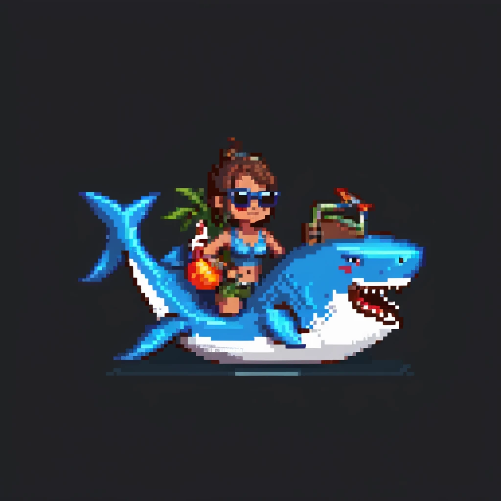 orc female with a shark-shaped inflatable floatie, wearing large sunglasses and a whistle on a cord, pixel art style emoji
