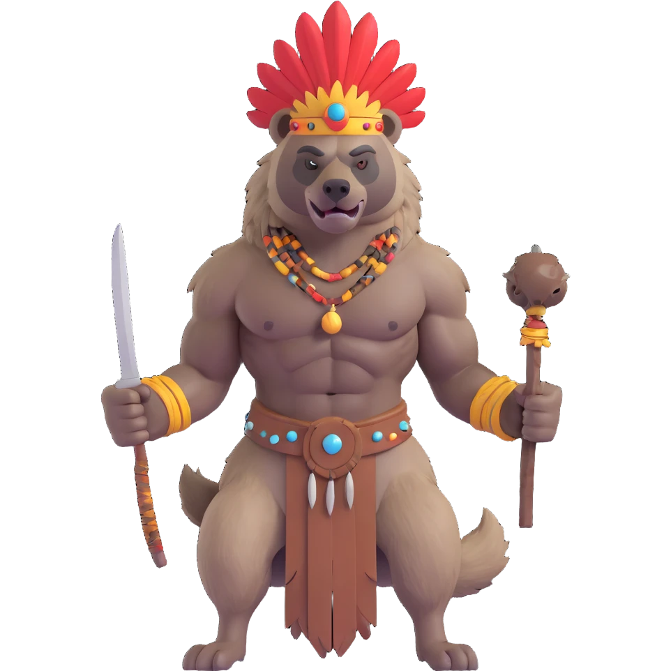 A native strong buff hyena with war bonnet flexing posing full body holding a chopped off human head by the hair  emoji