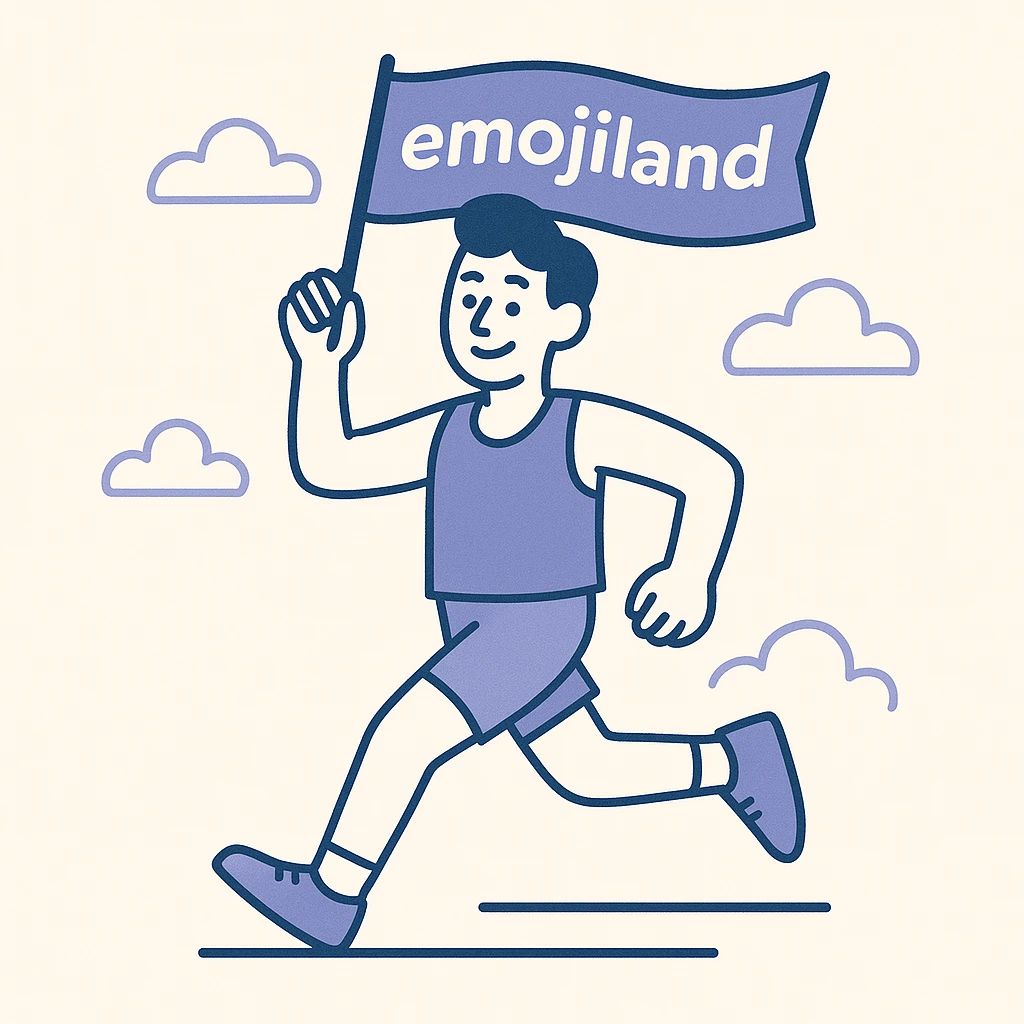 happy runner waving a flag that says 'emojiland' emoji