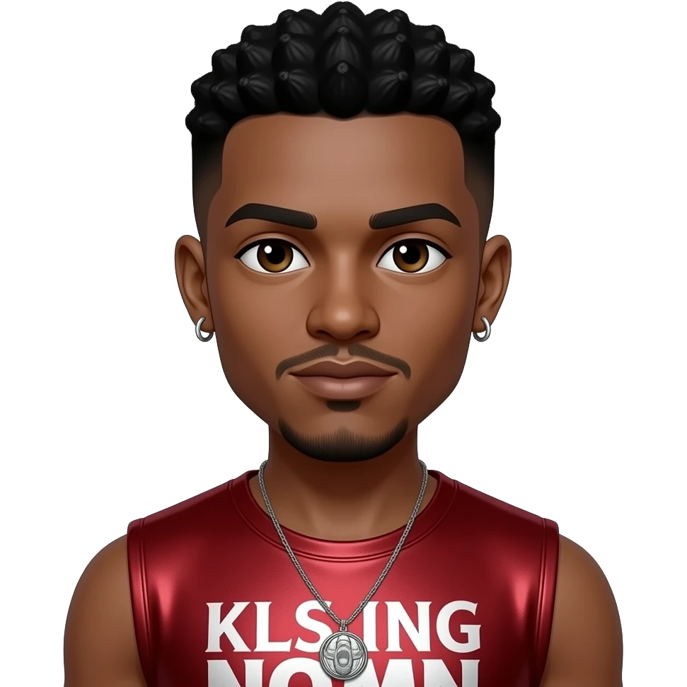 King Combs with dark brown eyes, black buzz cut hair, red metallic sleeveless shirt, necklace and earrings emoji