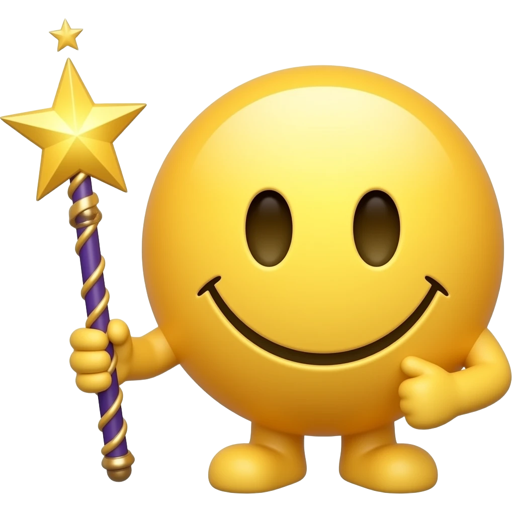 smiley face emoji with hands and a big magic wand in one hand. Transparent background. emoji