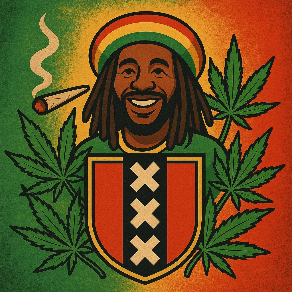 Create a digital illustration of a Rasta man with a friendly expression, wearing a red, gold, and green tam (Rastafarian hat), with dark brown skin and dreadlocks. Place him inside a bold, stylized Amsterdam coat of arms flag. The flag should have red, black, and gold tones with three white Xs in a vertical black stripe in the center. Surround the coat of arms with vibrant green cannabis leaves, a smoking spliff with rising smoke on the left side, and a textured reggae-colored background blending green, gold, and red. The style should be vintage, bold, and clean — like a high-quality reggae poster with modern emoji art flair. emoji