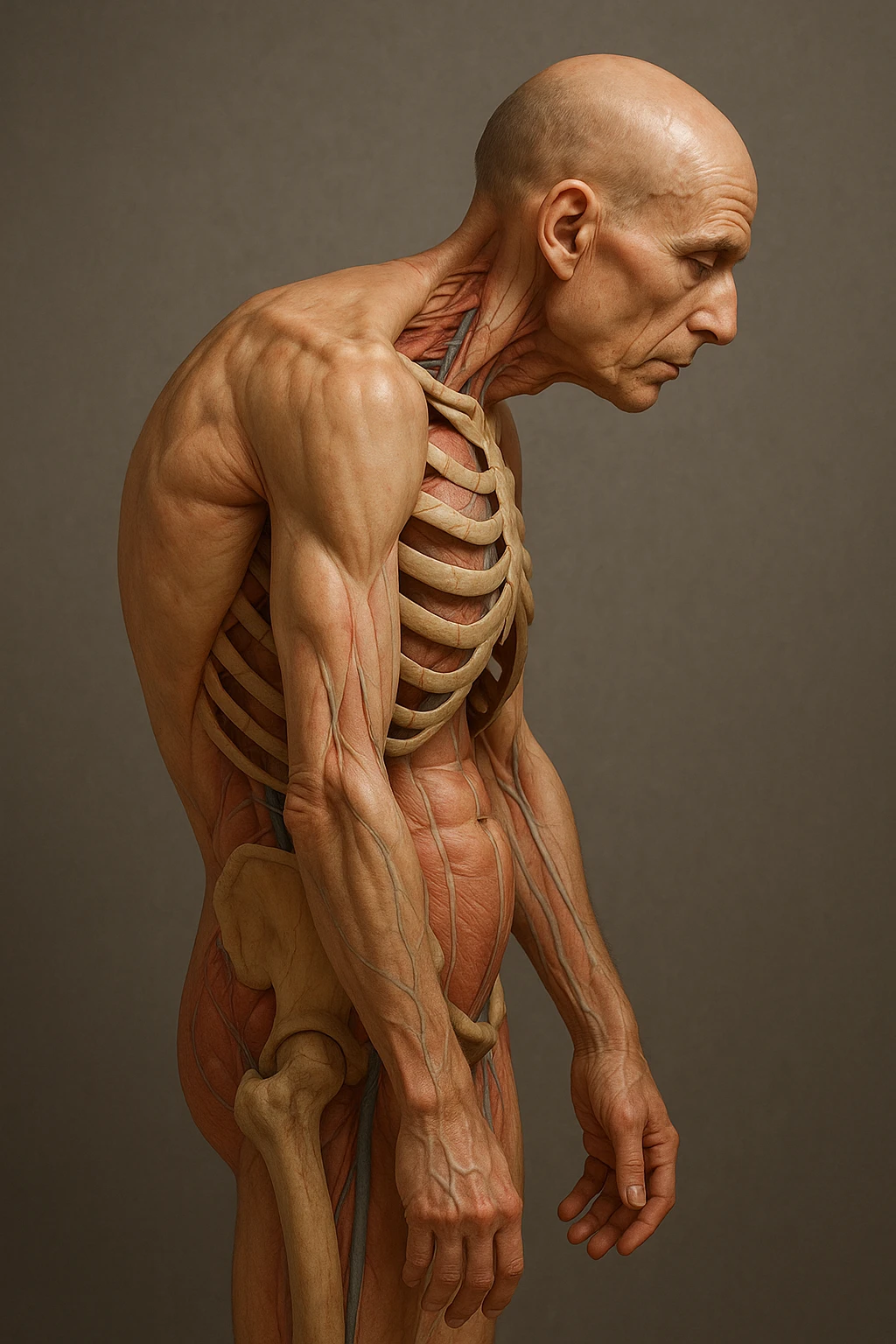 corpo UMANO ANATOMICO di profilo con spalle chiuse in avanti, postura errata, iperrealistico 4k emoji