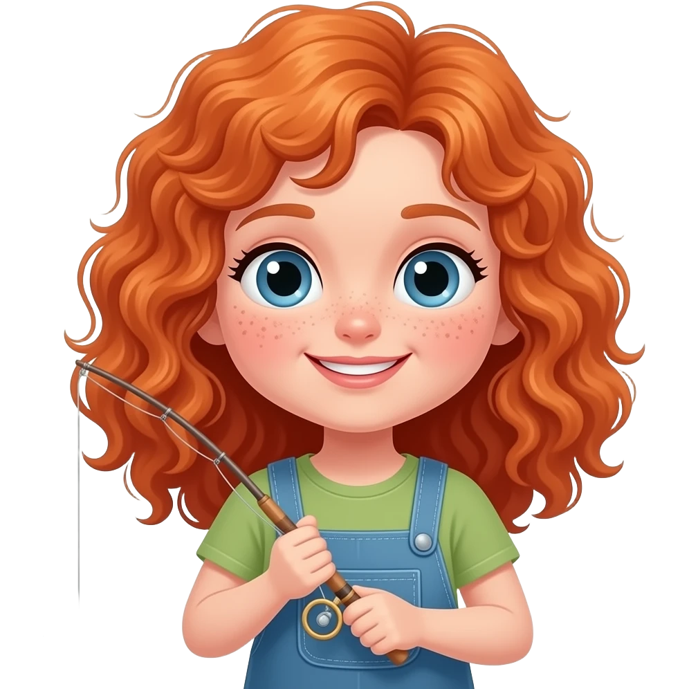 Fille rousse bouclés tâches de rousseur pêcher du poisson emoji
