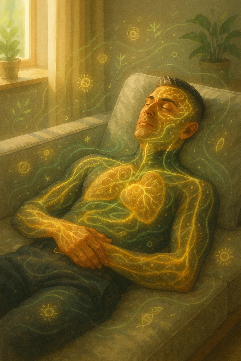 Uomo sdraiato su un divano nel primo pomeriggio, mentre fa un breve riposino. Il suo corpo appare parzialmente trasparente o stilizzato, con luce calda e flussi energetici dorati e verdi che scorrono attraverso muscoli, cervello, e organi. Intorno a lui si vedono piccoli simboli di rigenerazione: cellule che si rinnovano, tessuti che si illuminano, aura rilassata. L'ambiente è calmo e ordinato, luce naturale che entra da una finestra, atmosfera rigenerante, stile realistico con accenti metaforici. emoji