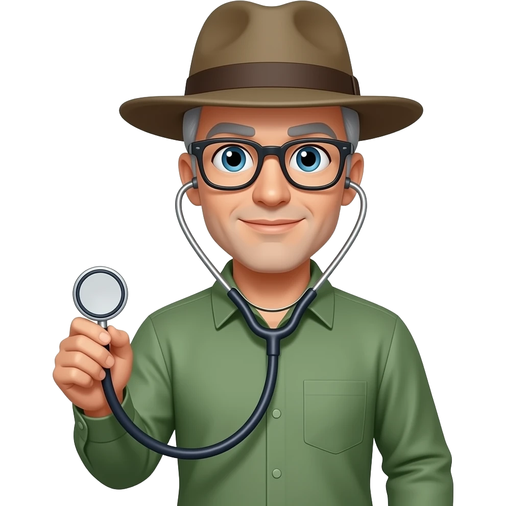 olive green long sleeved shirt grey hair clean shaven glasses wide brimmed hat holding stethoscope left handed emoji
