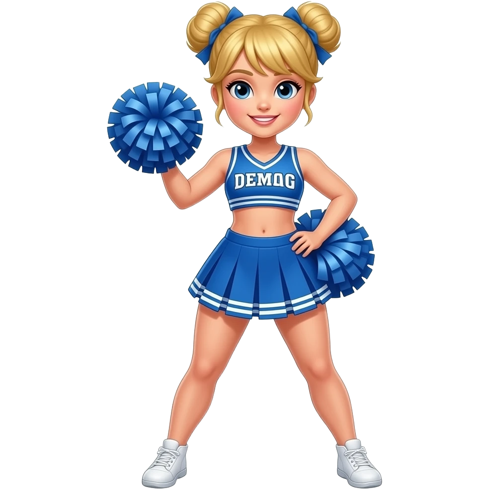 wide body cheeleader girl in vibrant blue outfit golden hairs face close up and two sided bun and poom poom in hands emoji