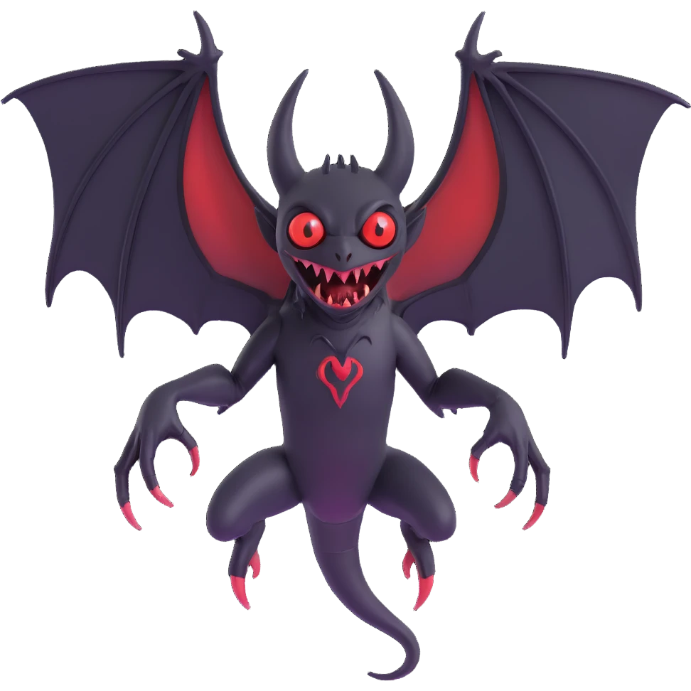 an all black reptilian bat-like creature. One cyclopian red eye in its face. no visible mouth or ears. 2 hind legs with claws. has a long tale with a stinger. no ears. no horns. no arms. visible bone-like stinger at end of tail emoji