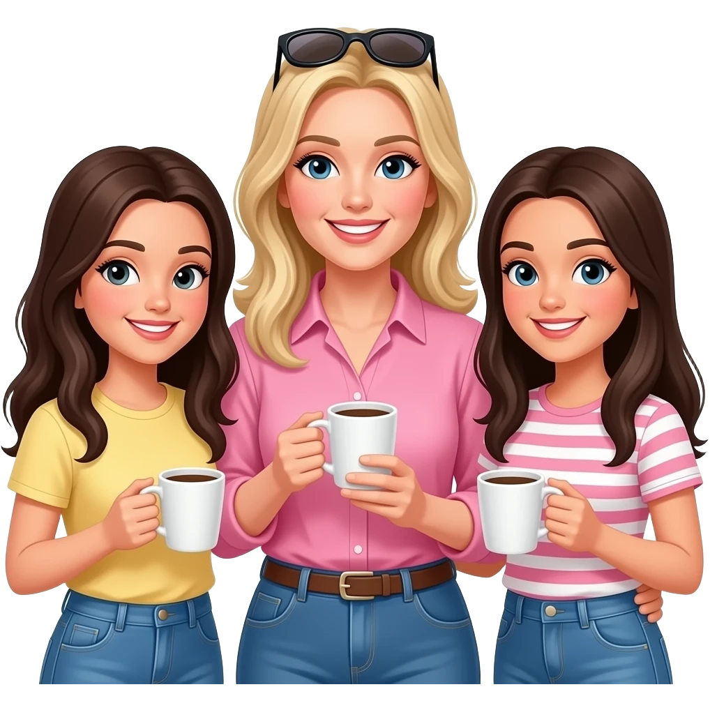 Blonde Caucasian mum wearing pink with sunglasses on top of head with two sassy dark haired teenage daughters drinking coffee emoji