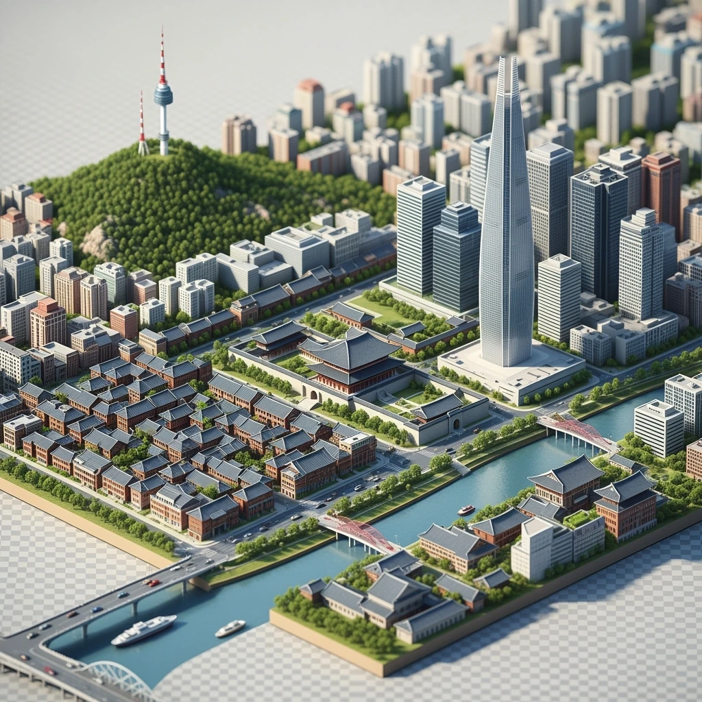 Isometric diorama of Seoul typical houses, Namsan Seoul Tower, Gyeongbokgung Palace, Lotte World Tower, Dongdaemun Design Plaza, and Han River bridges, 3D miniature effect and Tilt Shift effect, no cartoonish look, transparent background. emoji