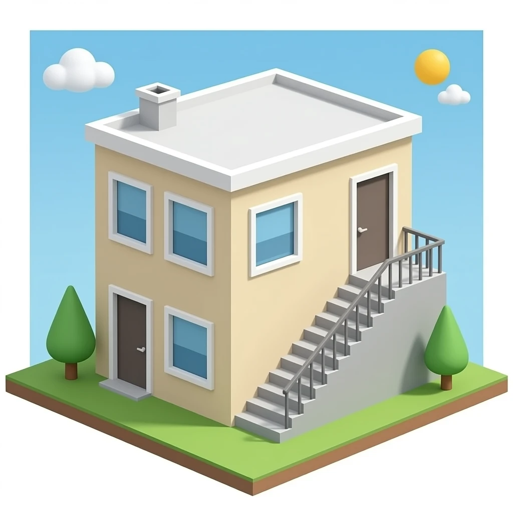 Emoji-style small apartment building, two-story, simple box shape, beige walls, exterior stairs, few windows, flat colors, minimal detail, clean lines, centered, white/transparent background. emoji