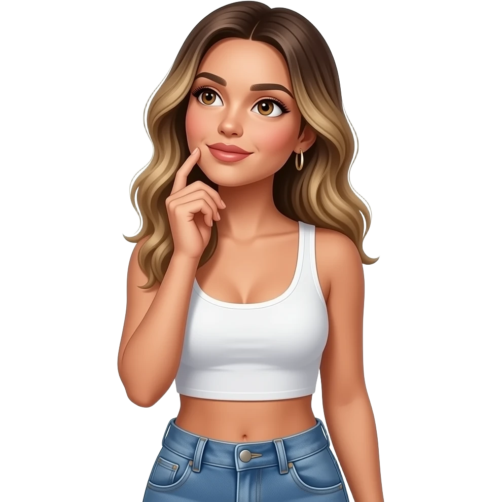 Adriana Lima looking woman that is wearing white crop top and jeans and has dark blonde hair and hazel eyes and is thinking and has one hand on her cheek and looking up she needs to look sexy and looks like a real person and not like AI emoji
