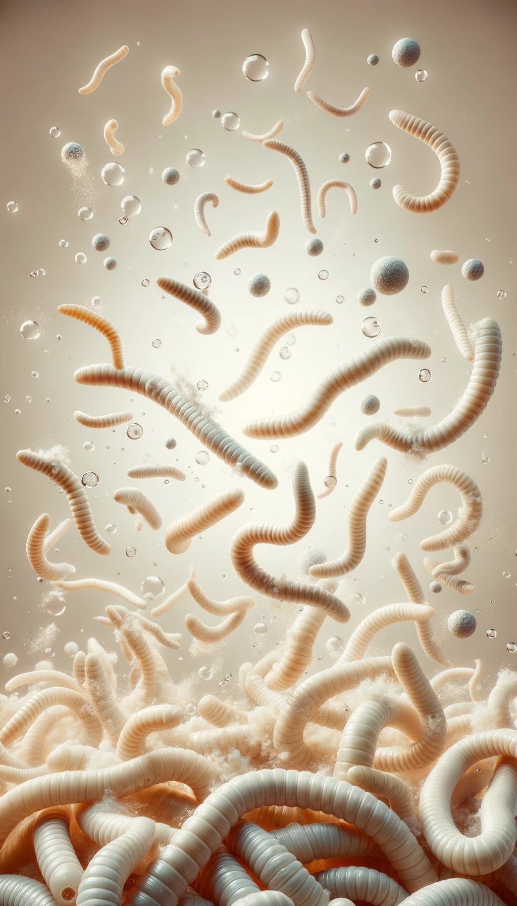 vermi beige chiaro fluttuano in aria insieme a particelle chimiche, sfondo neutro chiaro emoji