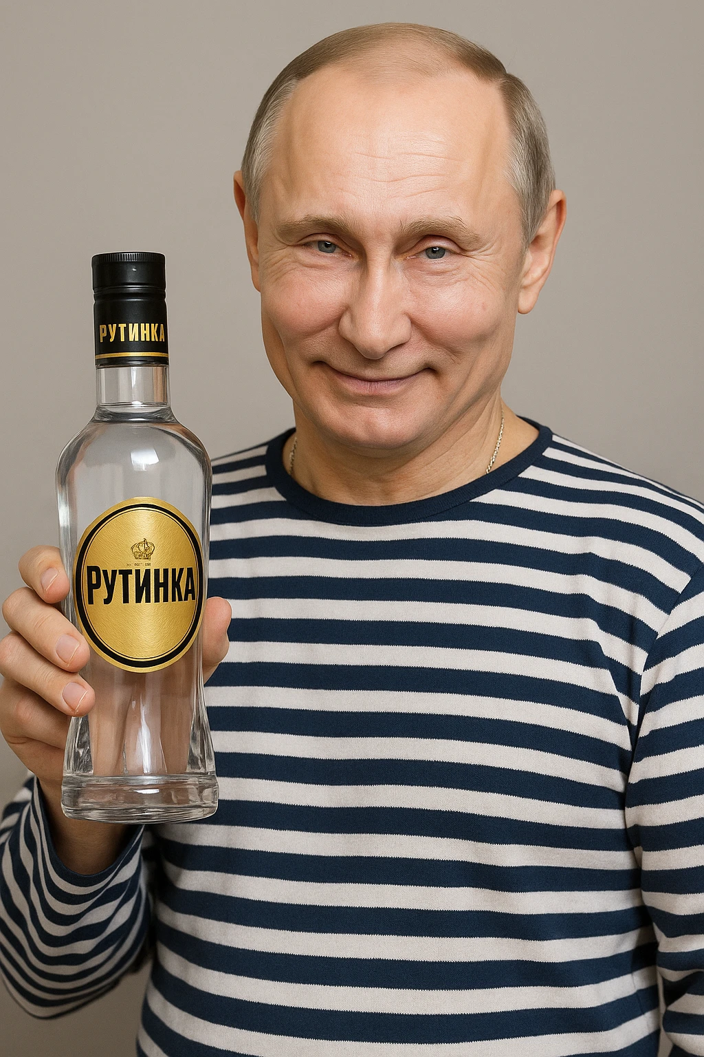 Сгенерируй мне как владимир путин в тельняжке держит эту водку, и на ней прям написанно только Путинка, другой текст убери. Он не должен касаться краев изображения и полностью помещаться в экран, а так же хитро улыбаться emoji