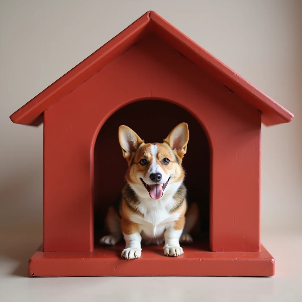 realistic red dog house with a Corgi dog inside, playful Corgi, photorealistic style emoji