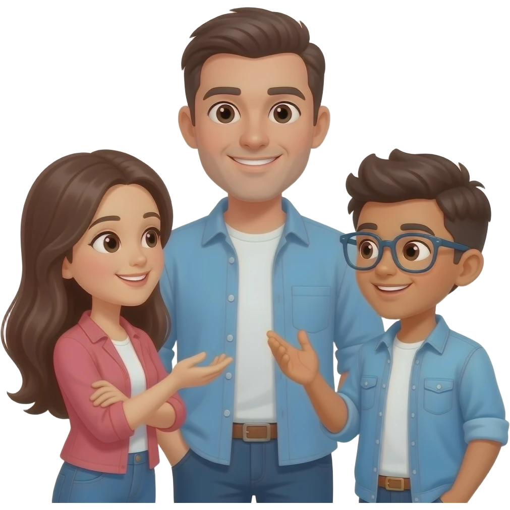 grupo de personas hablando. que incluya un hombre una mujer un joven. que se note diferencias fisicas emoji