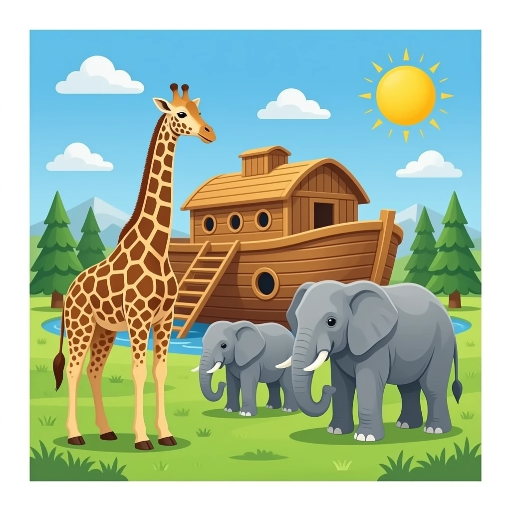 Noah’s Ark with Noah and two giraffes and two  elephants emoji