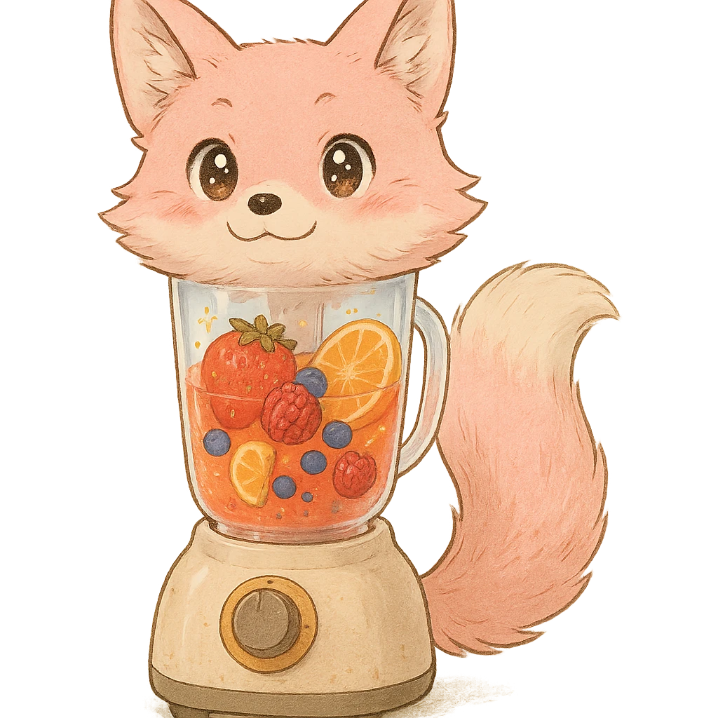 high-quality full-body ghibli style illustration of a blender transformed into a soft fluffy fox with pastel pink fur, transparent body filled with vibrant detailed fruity smoothie, sparkling expressive eyes, sweet joyful expression, highly detailed, clear glossy smoothie inside emoji
