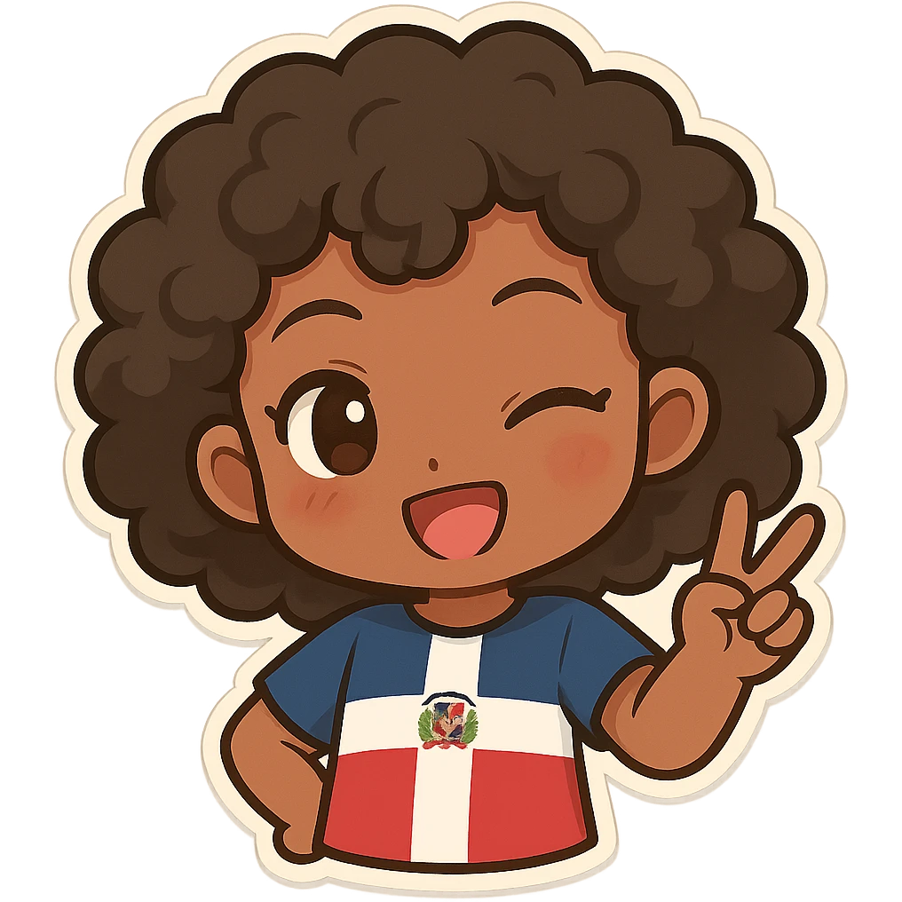 chibi emoji of a Dominican character with curly hair and brown skin, winking emoji