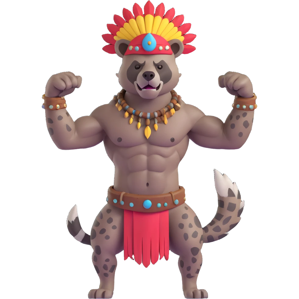 A native strong buff hyena with war bonnet flexing posing full body  emoji