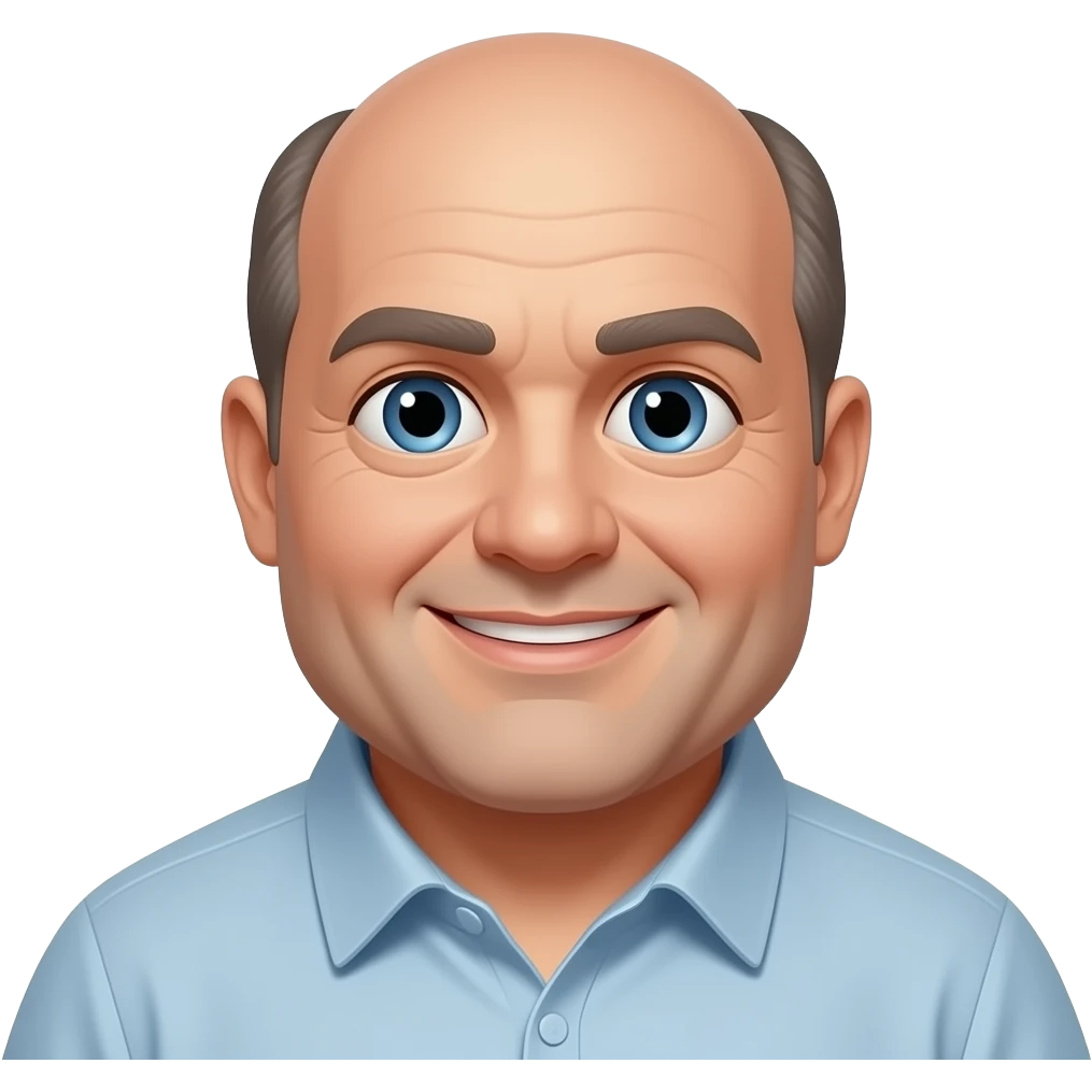 50 year old obese man, bald with hair on sides and near top of head, and blue eyes who looks very kind and friendly emoji