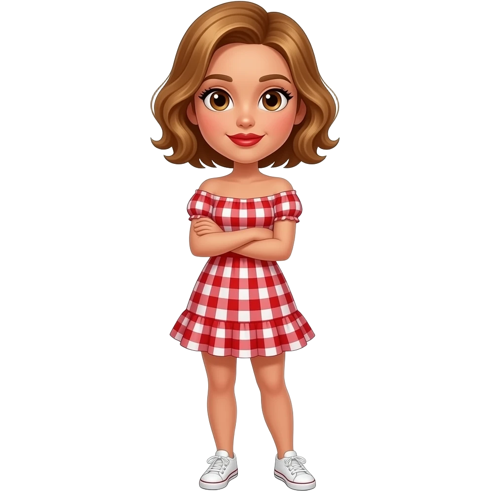glamours,-tanned,-very-beautiful-girl,-with-big-plump-red-lips,-long-long-lashes,-honey-silky-very short- hair,-wavy-hair,-hazel-eyes- wearing- red-gingham-frill - dress- white-sneakers-shrugging-shoulders-full-body emoji