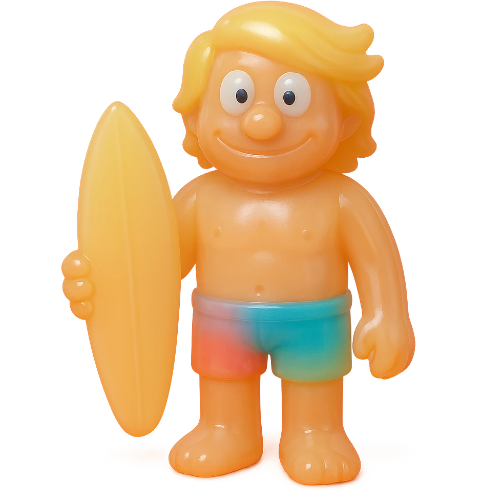 full-body surfer bro, retro 90's toy style, very transparent and slightly see-through, natural tan skin, blonde hair, colorful shorts, derpy eyes, soft plastic texture, soft reflections, soft and squishy, some cloudiness, not shiny, highly detailed, appealing, no tag, no background, match style and proportions of provided pirate reference emoji
