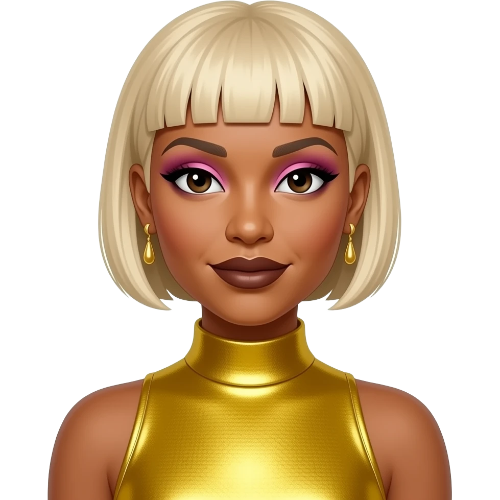 Tionne T-Boz Watkins from TLC with dark brown eyes, blonde tapered pixie cut hair, pink eyeshadow, dark brown lipstick, yellow metallic high neck dress, earrings emoji