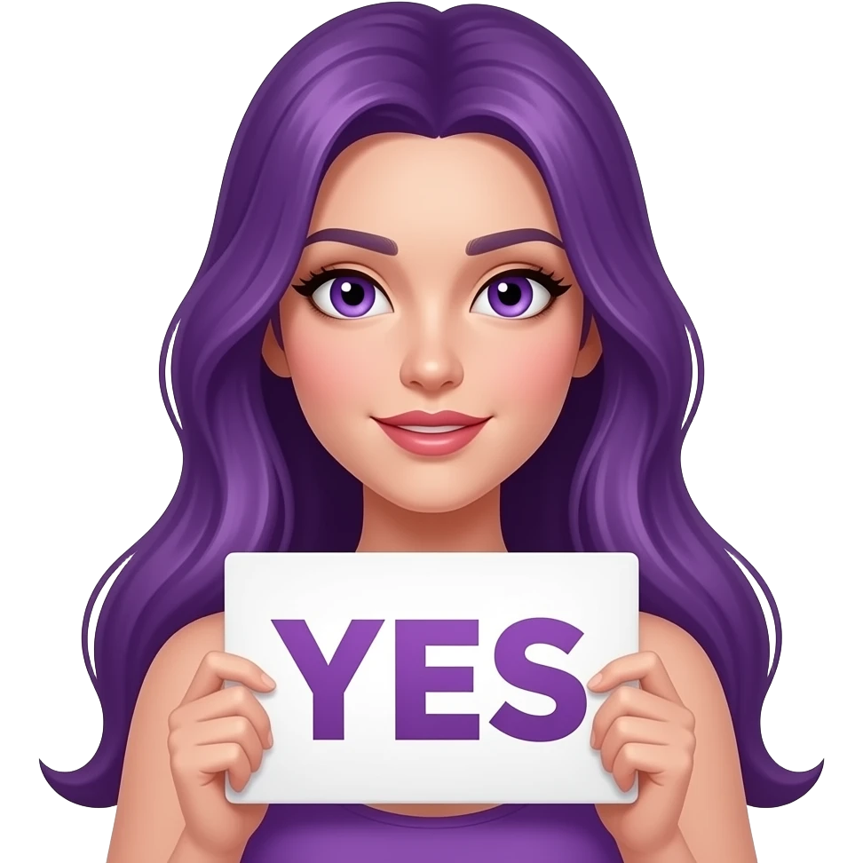 sexy girl with long purple hair and purple eyes holding a YES sign emoji
