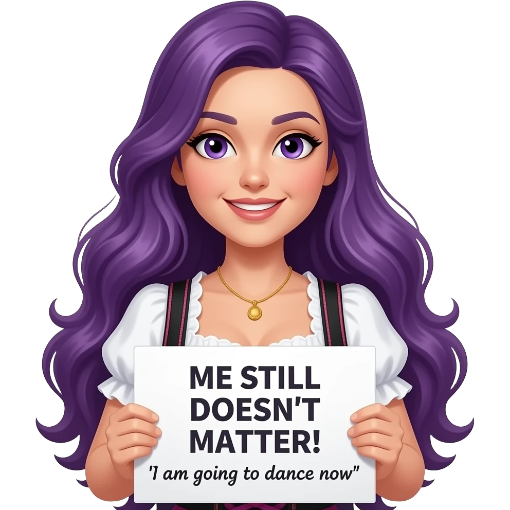 sexy girl with long purple hair and purple eyes wearing a dirndl holding a MIR DOCH EGAL! Ich gehe jetzt TANZEN sign emoji