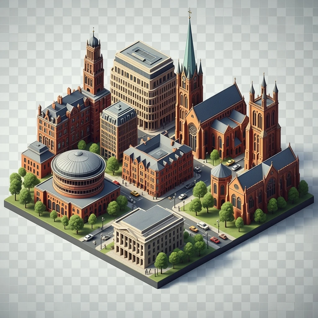 Isometric illustration of Birmingham, balanced between stylized and realistic, 3D miniature effect, transparent background. emoji