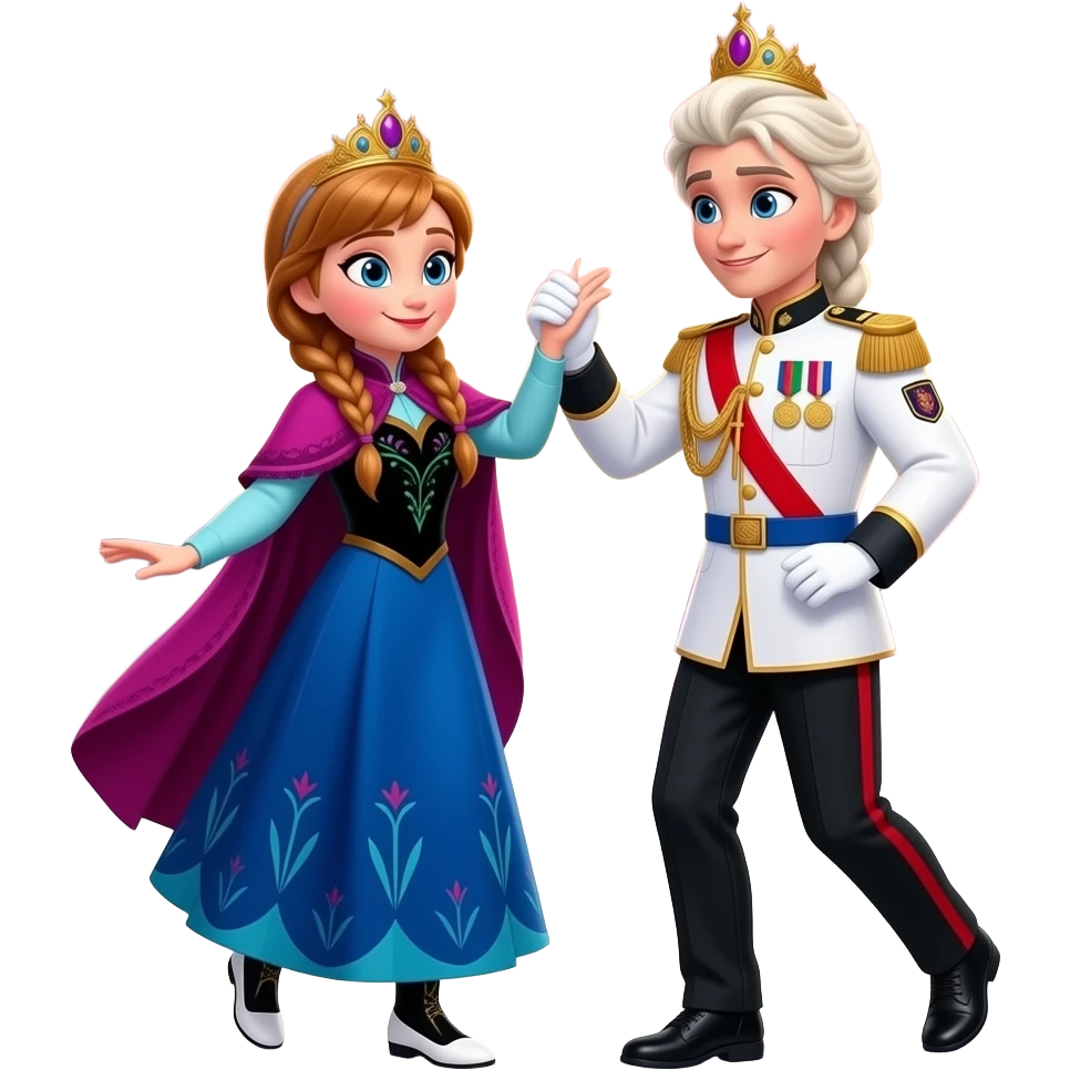 Elsa arendelle and Anna arendelle from disney frozen movie are same wearing gold tiara white military tunic arm badge shoulder cord medal red sash blue belt black trouser with both side red stripe white shoes and they both dancing in sunset rain of city emoji