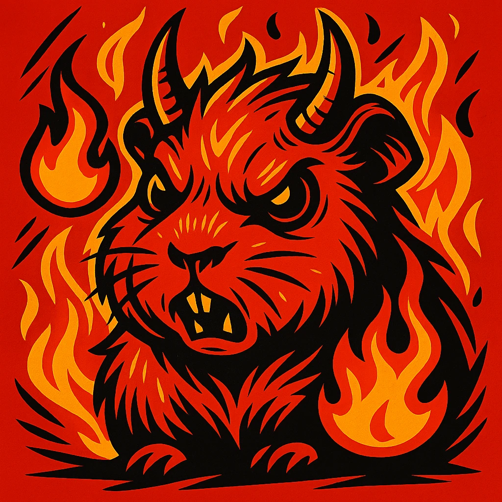red guinea pig demon with sharp horns and fire emoji elements, bold graphic style emoji