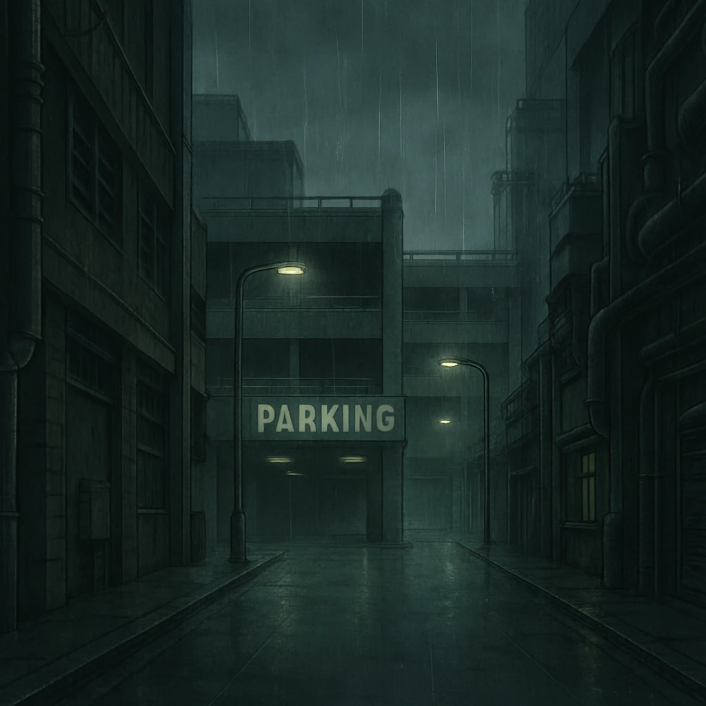a dark, drab industrial street, dim lights, thick fog and rain. no cars. parking structure. pre-twilight gray. dystopian futurepunk, but the streets are clean emoji