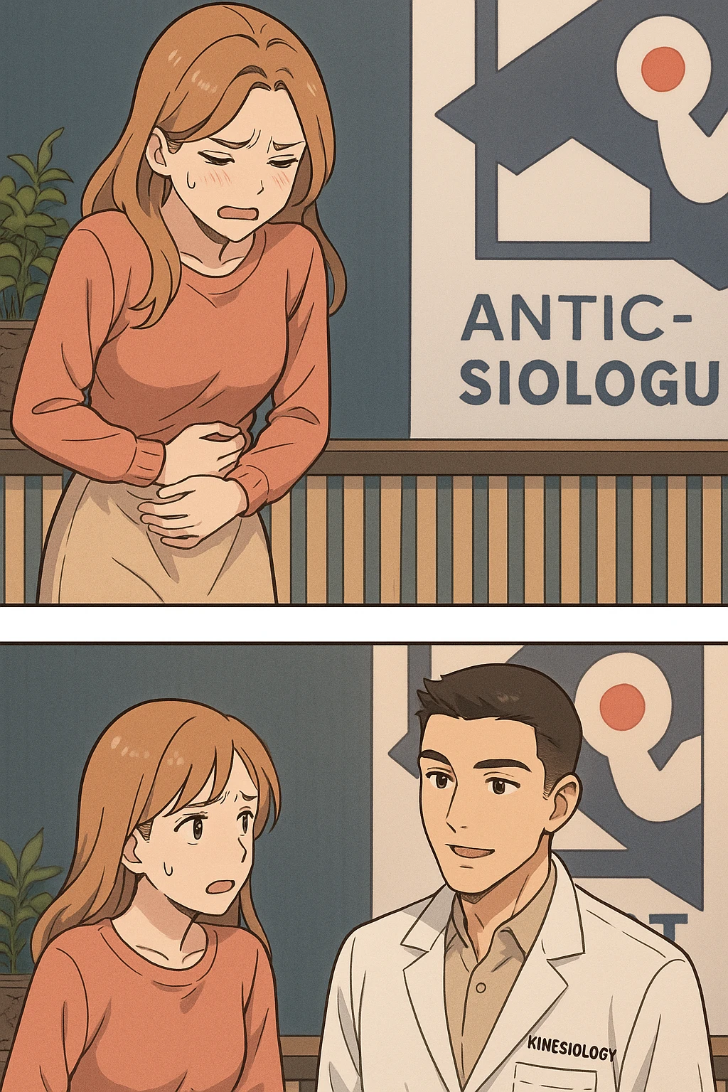 su questo stile fai un manga/webtoon a colori in cui una donna si lamenta che sta male e ha mal di pancia, l'uomo della foto in stile manga gli risponde, mantieni un ambiente simile alla foto che ho allegato con il suo logo (sarebbe il suo studio, lui è un kinesiologo), non mettere fumetti, ma fai in modo che sembri che la donna chiede una cosa e l'uomo risponde alla sua domanda emoji