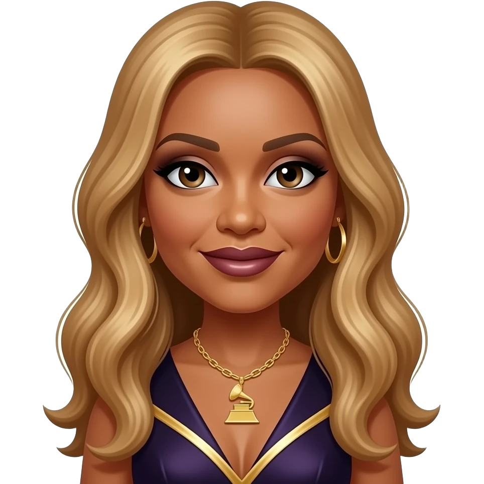 Cheryl "Coko" Gamble from SWV with dark brown eyes, long honey blonde hair, dark brown eyeshadow and lipstick, dark purple and gold grammy dress, necklace and earrings emoji