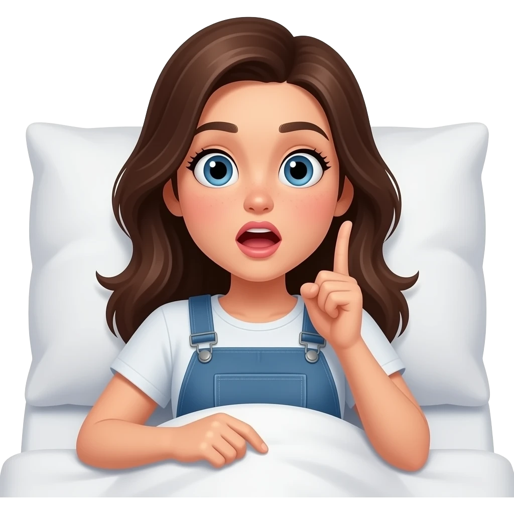 침대에 누워서 특별한 생각이 유레카하며 떠오른 느낌의 캐주얼한 스타일의 예쁜 20대 여성 이모지 emoji