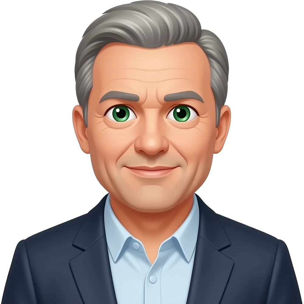 yeux verts gentil vieux homme dans la cinquantaine, cheveux grisonnants et calvitie, ventre surpoids habillé emoji