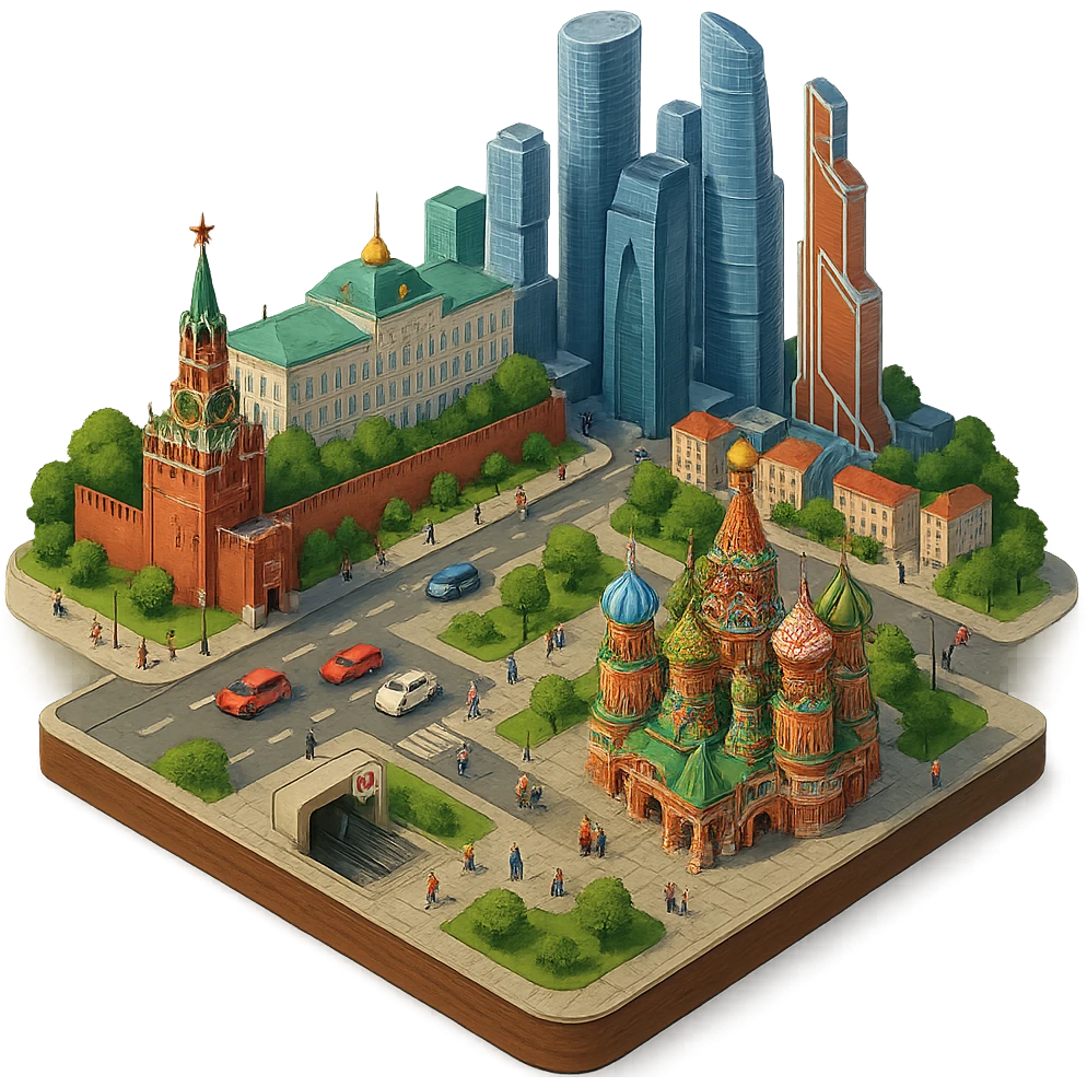 Изометричная миниатюрная 3D модель Москвы на подставке - фотореалистичный Кремль, собор Василия Блаженного, фотореалистичный Башни Москва-Сити, аккуратная детализация, четкие линии, яркие цвета, мультяшный реализм, гуляют люди и современный автотранспорт и метро, компактная композиция, вид сверху в изометрии, прозрачный фон emoji